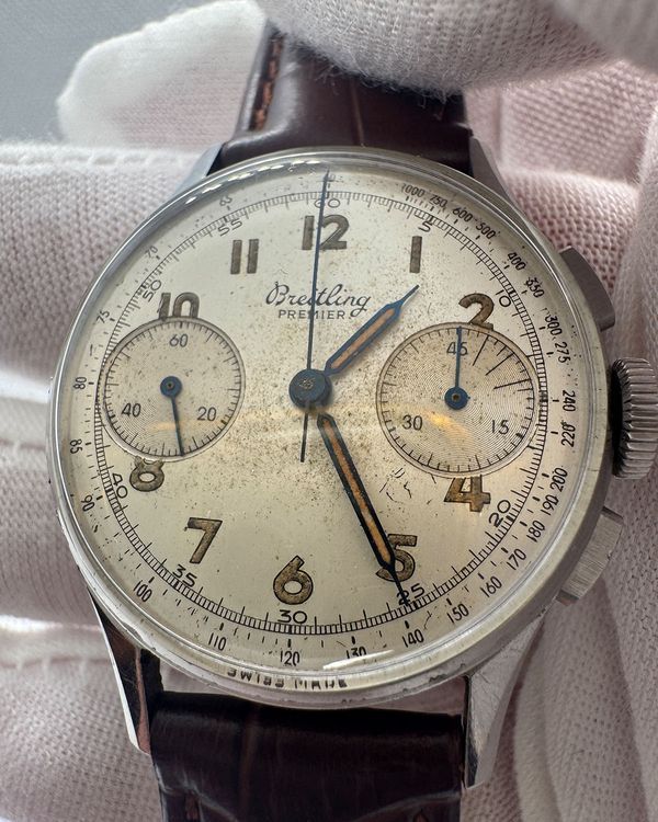 No Reserve - 1945 Breitling Premier 33MM Silver Dial Aftermarket Leather Strap (789)