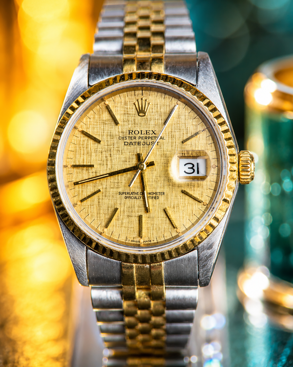 No Reserve - Rolex Datejust 36MM Champagne "Linen" Dial Aftermarket Two-Tone Super Jubilee Bracelet (16233)