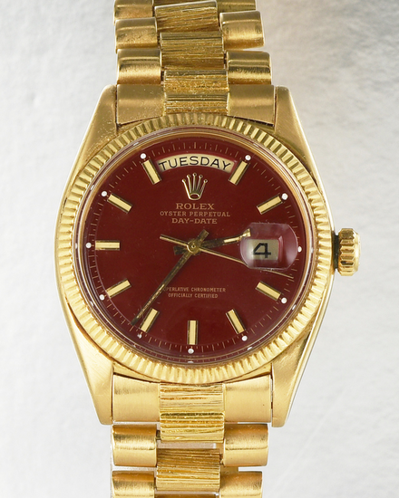 Rolex Day-Date 36MM Aftermarket Red Dial Yellow Gold "Bark" President  Bracelet (6611B)
