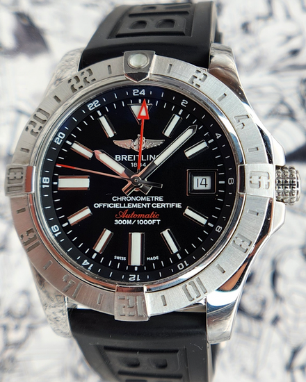 2014 Breitling Avenger II GMT 43MM Black Dial Rubber Strap (A32390)