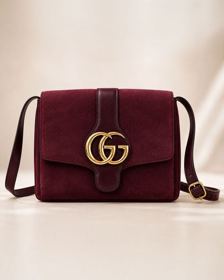 2019 Gucci Bag Arli Medium Shoulder Bag Burgundy Suede Gold-tone Hardware Leather Strap (550026)