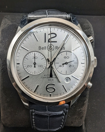 No Reserve - Bell & Ross BR 126 Vintage Officer Chronograph 41MM Silver Dial Leather Strap (BRG126-WH-ST/SCR)