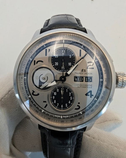 No Reserve -  Maurice Lacroix Masterpiece 43MM Solid Sterling Silver .925 Dial Leather Strap (MP6348-SS002-12E)