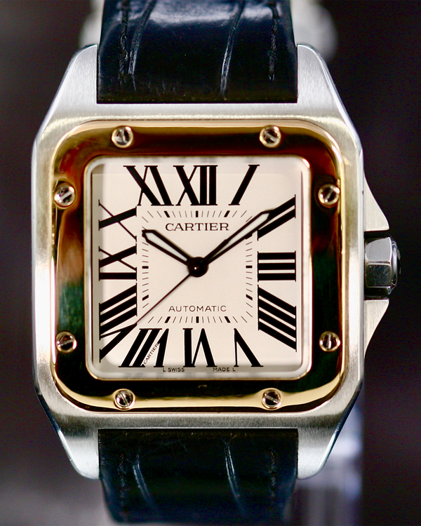 No Reserve - Cartier Santos 100 De Cartier 38MM Off-White Dial Leather Strap (W20072X7)