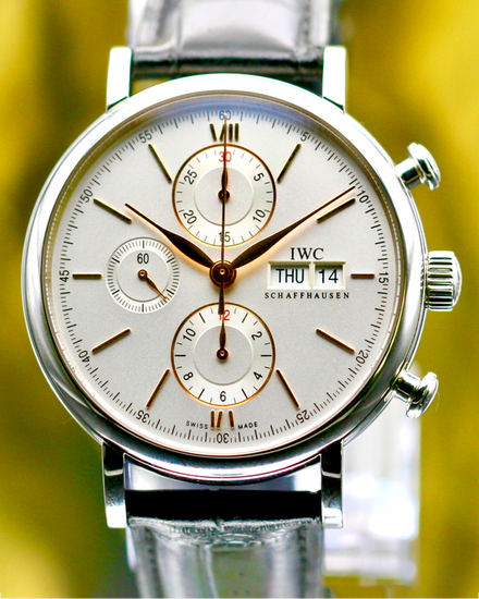 No Reserve - 2019 IWC Schaffhausen Portofino Chronograph 42MM Silver Dial Leather Strap (IW391031)