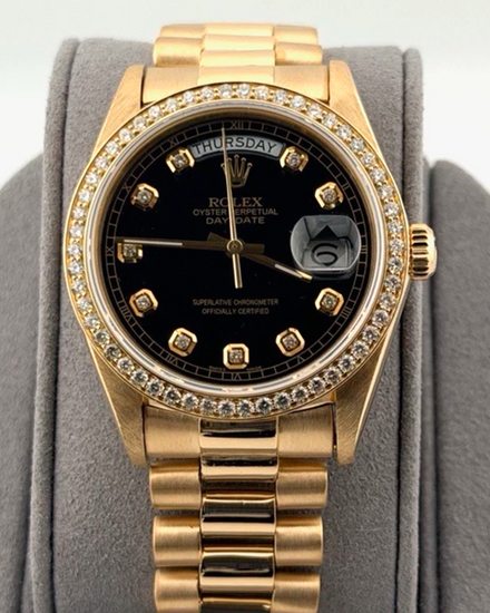 1984 Rolex Day-Date 36MM Aftermarket Black Dial Aftermarket Yellow Gold President Bracelet (18038)