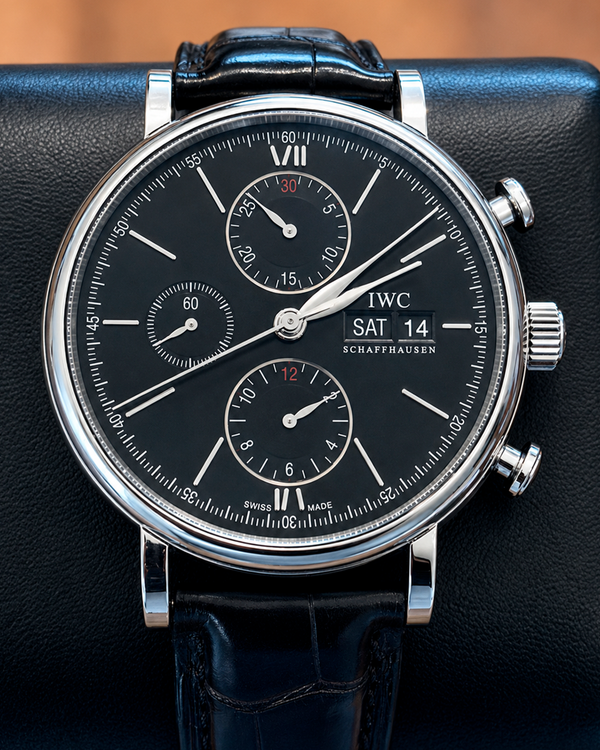 No Reserve - 2020 IWC Schaffhausen Portofino Chronograph 42MM Black Dial Leather Strap (IW391008)