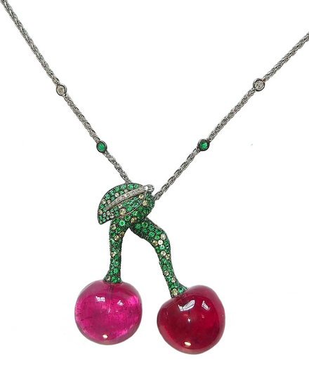 De Grisogono Cherry Pendant 37MM White Gold Diamonds Peridots Emeralds Tourmalines Necklace (25411/01-MUS)