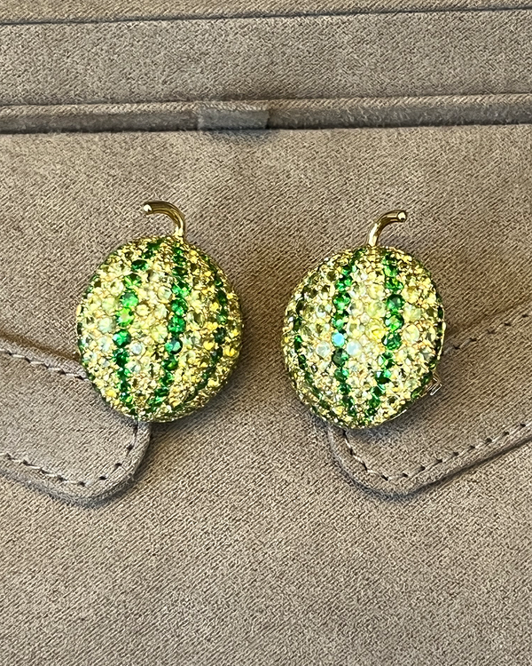 De Grisogono "Melon" Earrings 25MM Yellow Gold Tsavorite Peridot & Yellow Sapphire English Clip-Back (15410/02)