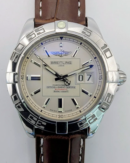 No Reserve - 2011 Breitling Galactic 41MM Silver Dial Leather Strap (A49350L2/G699)
