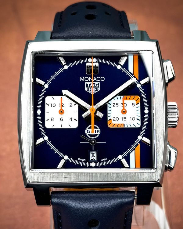 2023 TAG Heuer Monaco "Gulf" 39MM Blue Dial Leather Strap (CBL2115.FC6494)