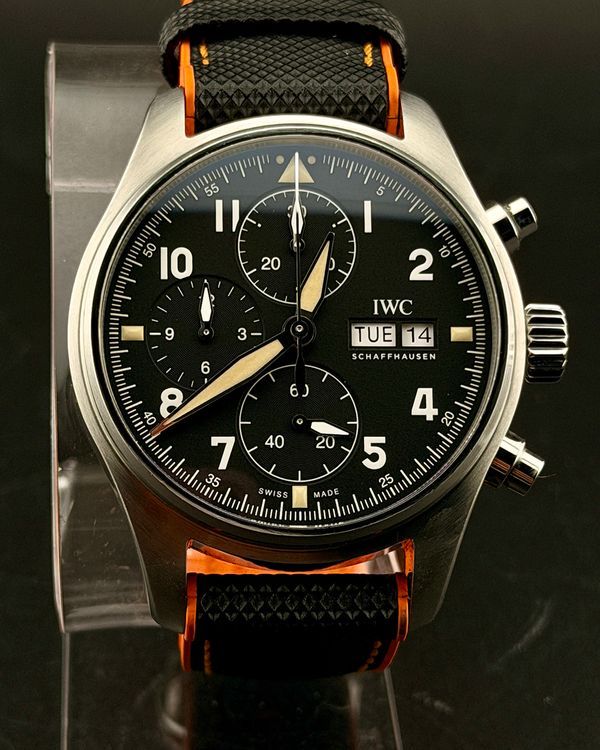 2020 IWC Schaffhausen Pilot Spitfire Chronograph 41MM Black Dial Aftermarket Rubber Strap (IW387903)