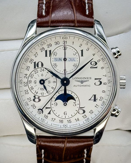 No Reserve - 2023 Longines Master Collection Chrono Moonphase 40MM Silver Dial Aftermarket Leather Strap (L2.673.4.78.3)