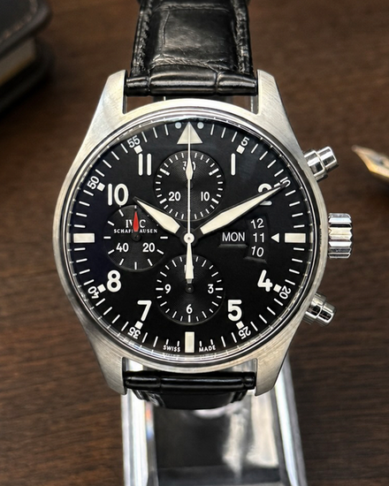 No Reserve - IWC Schaffhausen Pilot Chronograph 43MM Black Dial Leather Strap (IW377701)