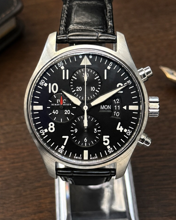 No Reserve - IWC Schaffhausen Pilot Chronograph 43MM Black Dial Leather Strap (IW377701)