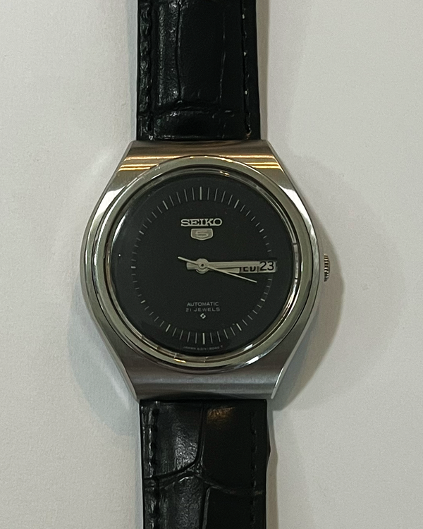 No Reserve - Seiko 5 36MM Black Dial Aftermarket Leather Strap (6309-8670)