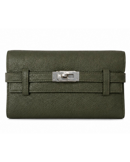 Hermès Kelly Pocket Long Wallet Small Size Green Leather Palladium-Plated Hardware (Pocket)
