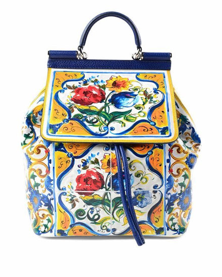 Dolce & Gabbana My Sicily Medium Backpack Maiolica Printed Leather Silver Tone Hardware  & Adjustable Straps (Backpack)