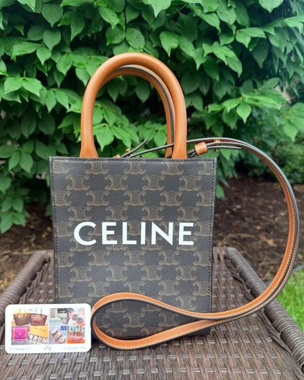 2021 Celine Drummed Cabas Mini Vertical Small Brown Triomphe Canvas Gold-Tone Hardware Leather Strap (Mini Cabas)