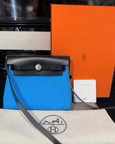 Hermès Bag Military Toile Vache Hunter Herbag Bleu Riviera Small Leather Palladium Hardware Leather Strap (Toile Vache)