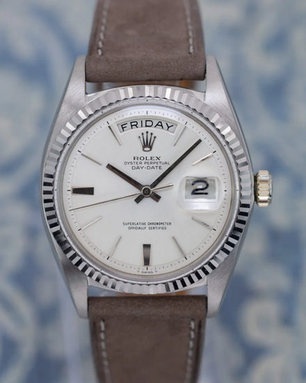 1967 (1.6 Mil. Serial) Rolex Day-Date 36MM Silver Dial Aftermarket Leather Strap (1803)