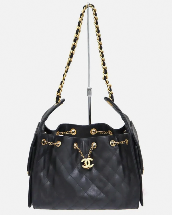 No Reserve - Chanel 25 Mini Hobo 11.8 x 10.2 x 5.5 IN Black Caviar Leather With Gold Hardware (25)