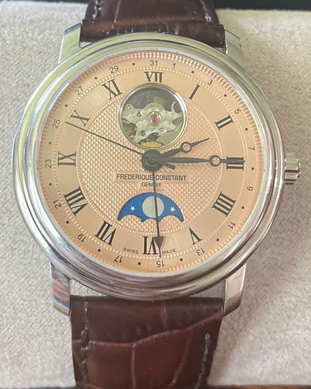 No Reserve - 2023 Frederique Constant Classics Hear Beat Moonphase Date 40MM Salmon Dial Leather Strap  (FC-330/335X4P4/5/6)