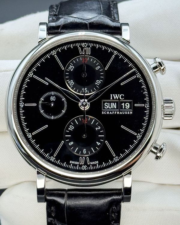 No Reserve - 2020 IWC Schaffhausen Portofino Chronograph 42MM Black Dial Leather Strap (IW391029)