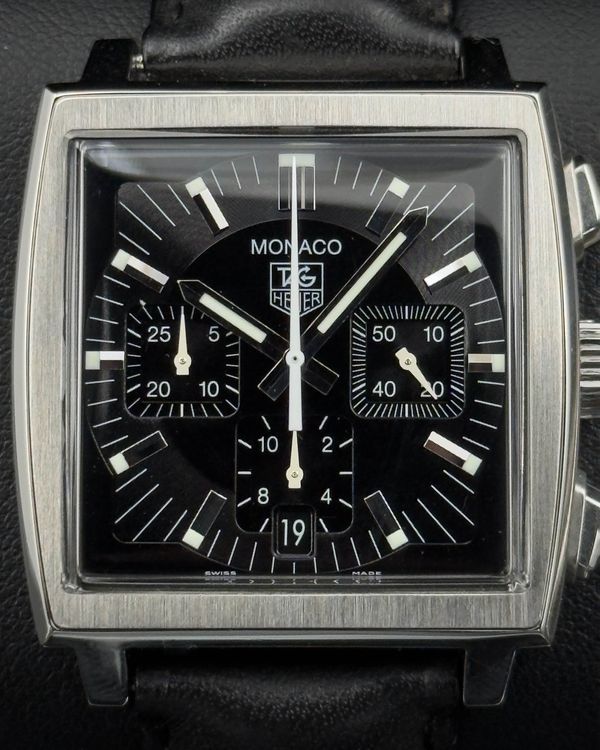Tag Heuer Monaco 38MM Black Dial Leather Strap (CW2111)