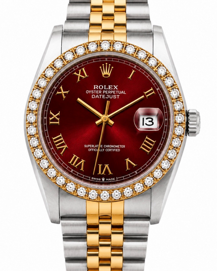 No Reserve - Rolex Datejust 36MM Aftermarket Red Dial Aftermarket  Two-Tone Gold-Plated Jubilee Bracelet (1601)
