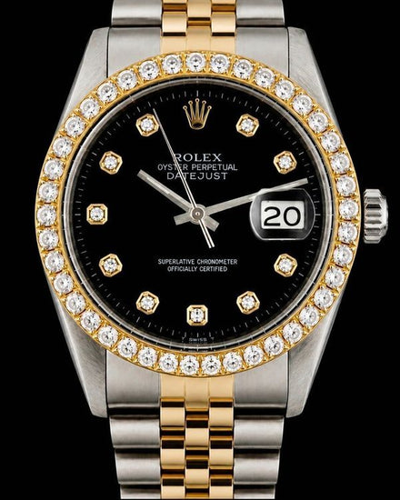No Reserve - 1970 Rolex Datejust 36MM Aftermarket Black Diamond Dial Aftermarket Two-Tone Gold-Plated Bracelet (1601)