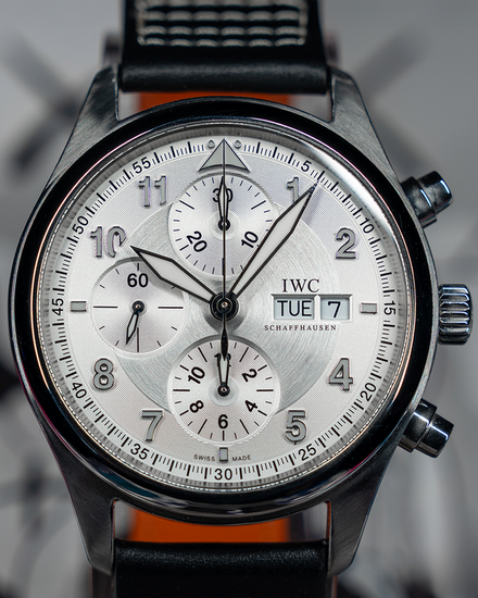 No Reserve - 2011 IWC Schaffhausen Pilot Spitfire Chronograph 42MM Silver Dial Leather Strap (IW371702)
