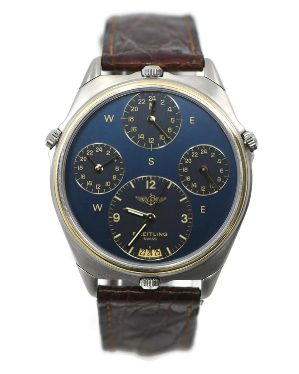1990 Breitling World Time 39MM Quartz Blue Dial Leather Strap (80840)