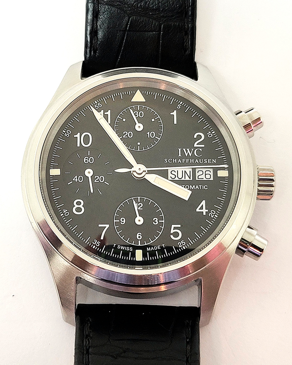 IWC Schaffhausen Pilot Spitfire Chronograph 39MM Black Dial Aftermarket Leather Strap (IW370613)