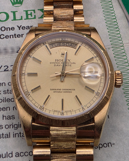 1986 (9.1 Mill. Serial) Rolex Day-Date 36MM Champagne Dial Yellow Gold "Bark" President Bracelet (18078)