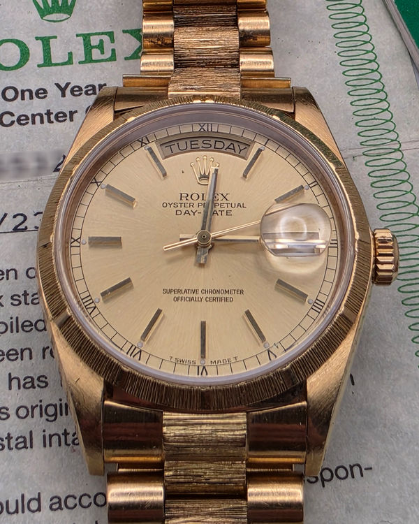 1986 (9.1 Mill. Serial) Rolex Day-Date 36MM Champagne Dial Yellow Gold "Bark" President Bracelet (18078)