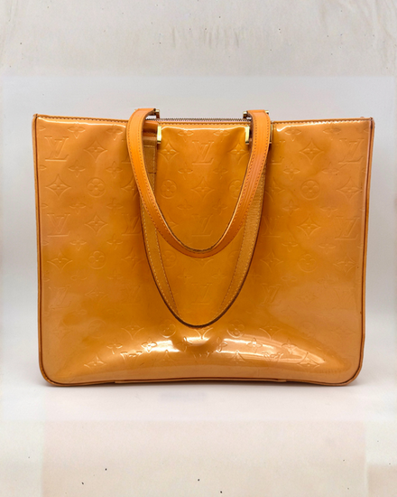 Louis Vuitton Bag Vernis Columbus Tote Medium 12 x 14 x 3.5IN Orange Leather Gold-Tone Hardware Leather Straps (M91023)