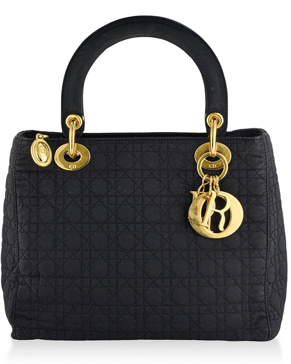 Christian Dior Lady Dior Handbag 9.25 x 7.5 x 4.5IN Black Cannage Nylon Gold-Tone Hardware (Lady Dior Handbag)