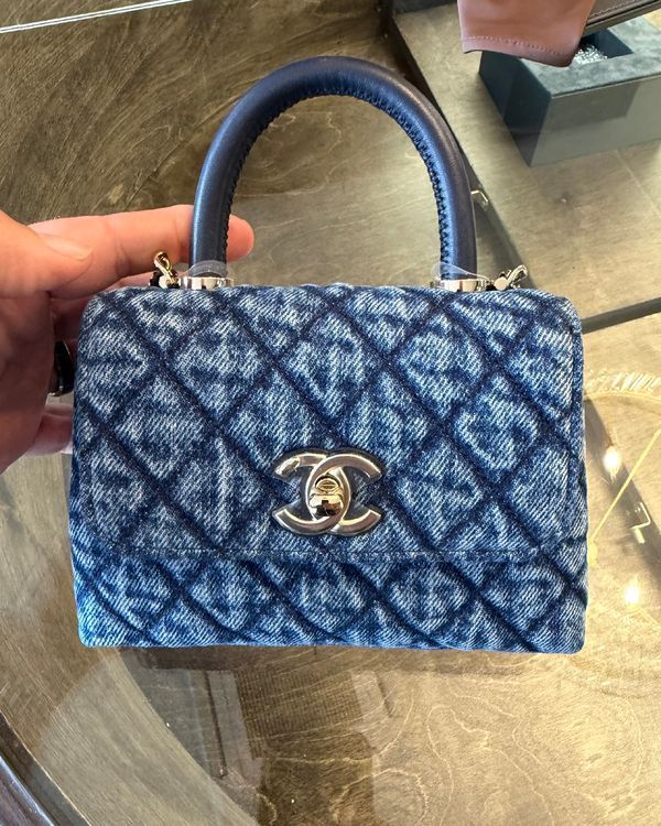 2026 Chanel Bag Coco Top Handle Satchel Mini Quilted Denim Leather Silver-Tone Hardware Leather Strap (Bag)