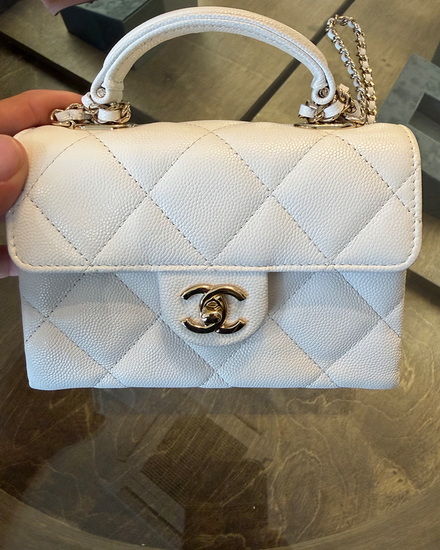 Chanel Bag Coco Handle Flap White Caviar Quilted Leather Gold-Tone Hardware Chain/Leather Strap (Bag)