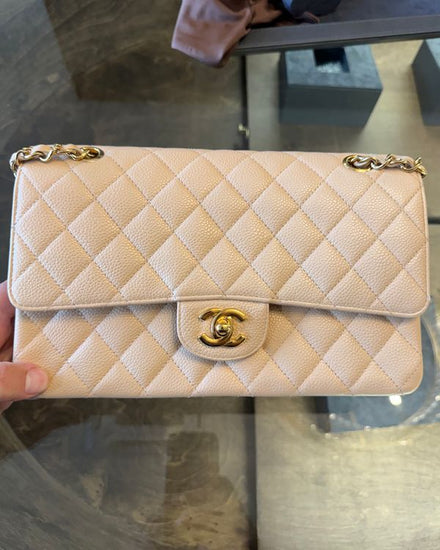 Chanel Bag Classic Flap Bag Quilted Beige Leather Gold-Tone Hardware Chain/Leather Strap (Bag)