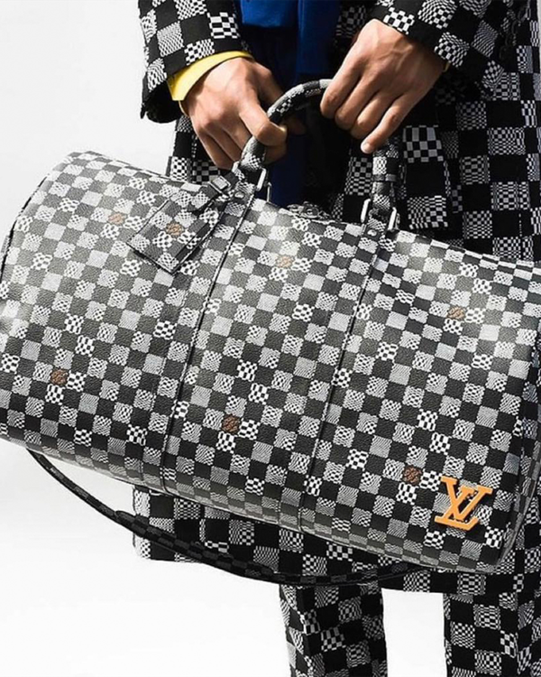 Louis Vuitton Damier Distorted Keepall Bandoulière 50 by Virgil Abloh Large Duffle Bag Canvas Silver-Tone Hardware Leather Strap (Bag)