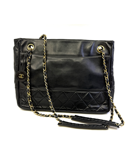Chanel Bag Matelasse Tote Medium Black Leather Gold-Tone Hardware Chain/Leather Strap (Bag)