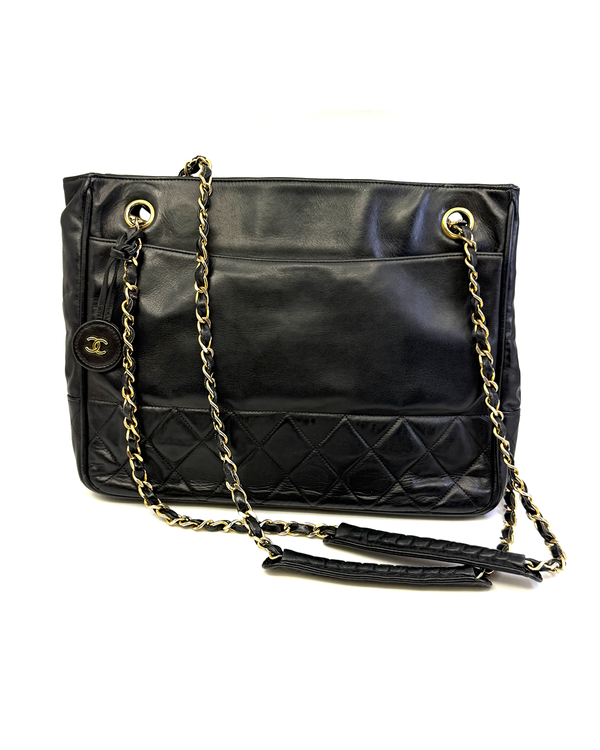 Chanel Bag Matelasse Tote Medium Black Leather Gold-Tone Hardware Chain/Leather Strap (Bag)
