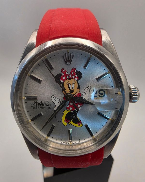 1962 Rolex Oyster Precision Date "Minnie Mouse" 34MM Aftermarket Silver Dial Aftermarket Rubber Strap (6694)