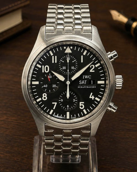No Reserve - 2017 IWC Schaffhausen Pilot Chronograph 42MM Black Dial Steel Bracelet (IW371704)