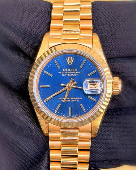1981 Rolex Lady-Datejust 26MM Blue Dial Yellow Gold President Bracelet (6917)