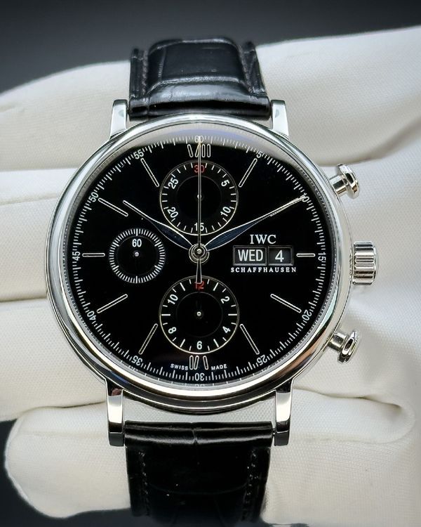 No Reserve - 2017 IWC Schaffhausen Portofino Chronograph 42MM Black Dial Leather Strap (IW391002)