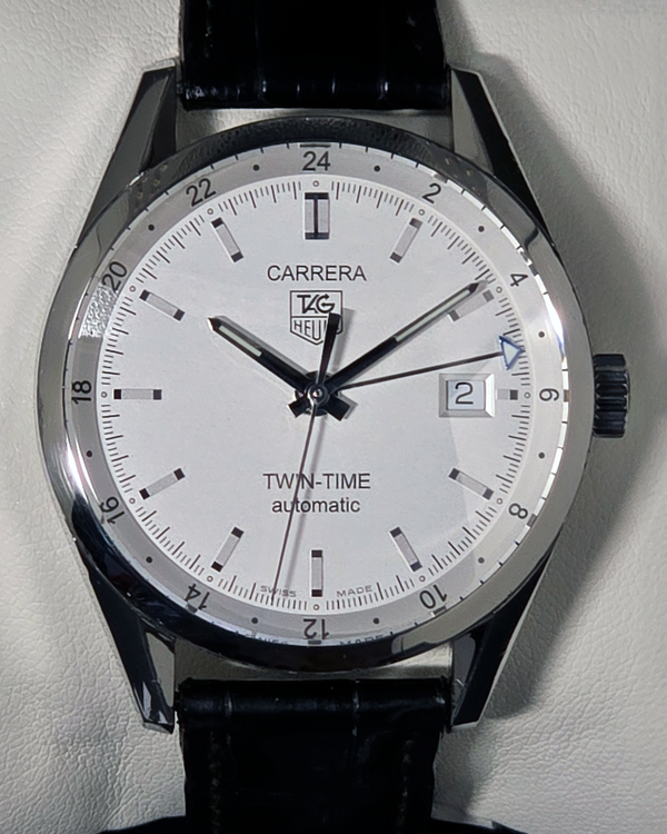 No Reserve - Tag Heuer Carrera Twin-Time 39MM Silver Dial Leather Strap (WV2116)