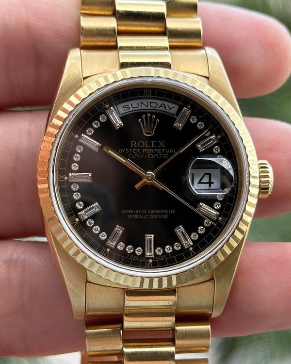 1988 (L Serial) Rolex Day-Date 36MM Aftermarket Black "Vignette" Dial Yellow Gold President Bracelet (18238)